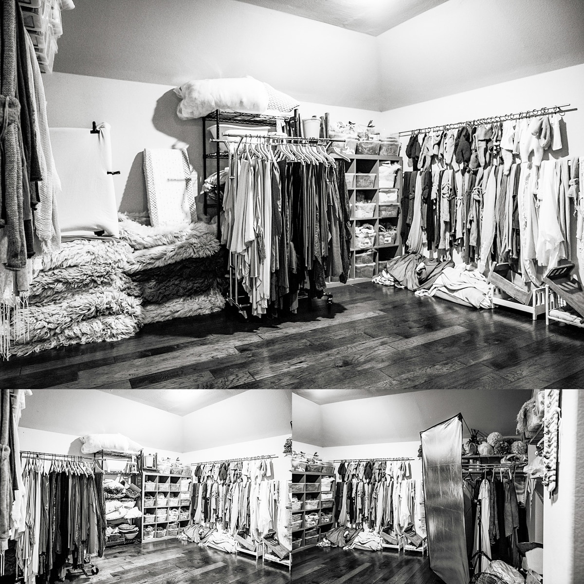 Black And White Image Of A Well-Organized Clothing And Accessories Store Or Wardrobe Room, Resembling A Fashion Studio, With Neatly Hung Clothes, Folded Fabrics, And Shelves Filled With Various Items.