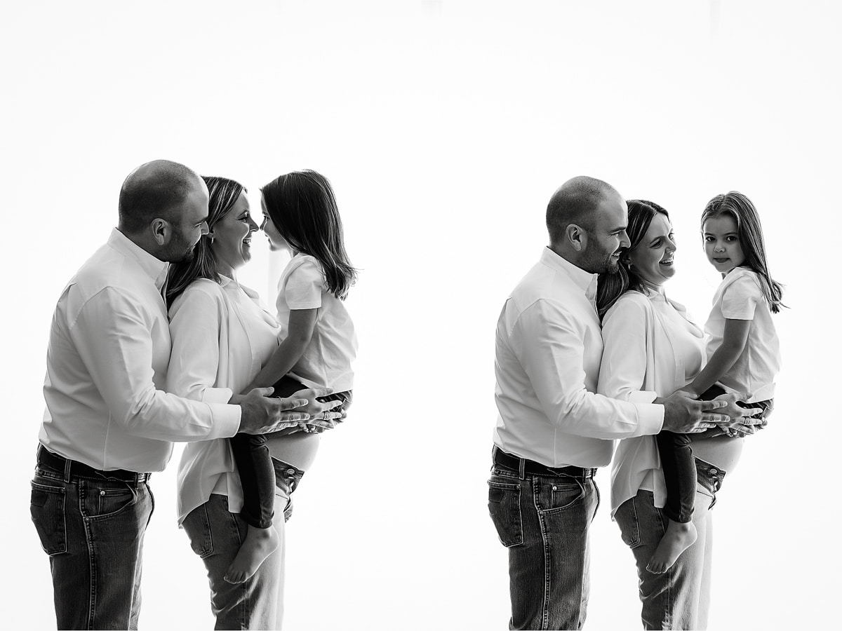 Two Mirrored Black And White Images Capture An Adult Man And Woman Holding A Young Girl, All Dressed In White Tops And Jeans, Standing In A Bright White Space—A Timeless Snapshot That Beautifully Showcases The Essence Of Maternity Photography.