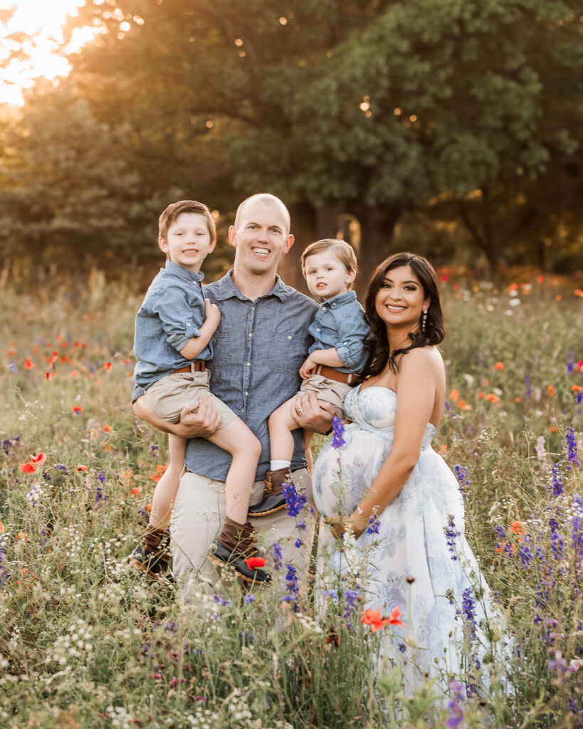 Family Maternity Portrait Photographed Outdoors During Golden Hour In Dallas