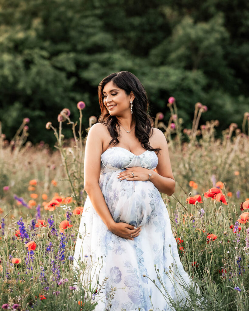 Outdoor Maternity Portrait In Colorful Wildflower Field Photographed Near Dallas