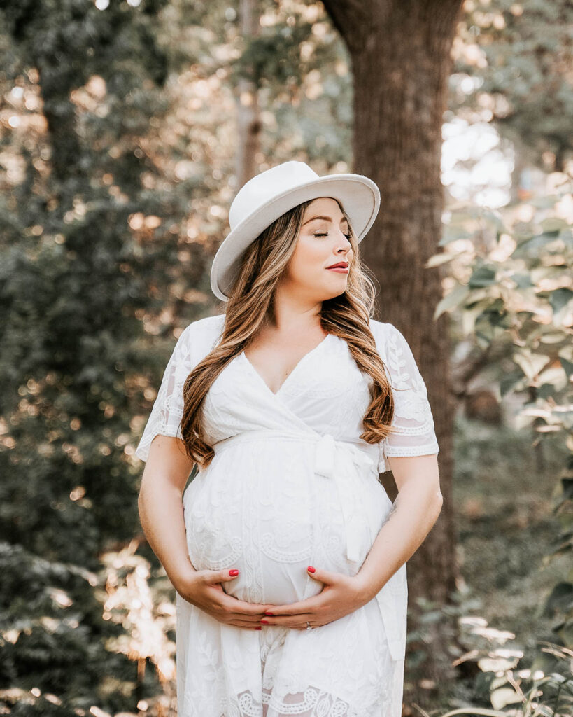 Why Sharing Your Pregnancy Journey Matters 5 Outdoor Maternity Portrait Of Pregnant Mother In White Dress Photographed In Dallas.