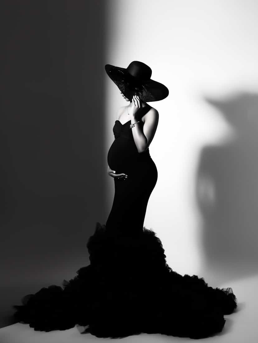 pregnant woman in a form-fitting black gown posed for dallas maternity photographer