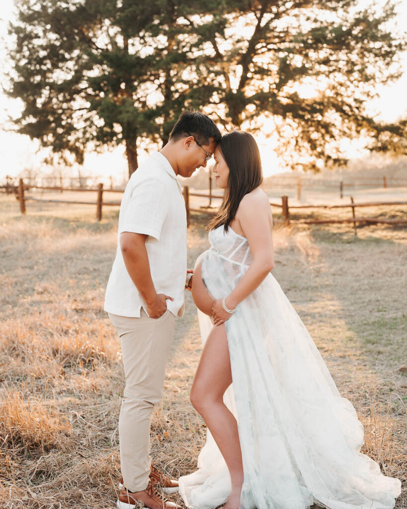 Couple Posing Together During Outdoor Maternity Photography Session At Sunset In Dallas