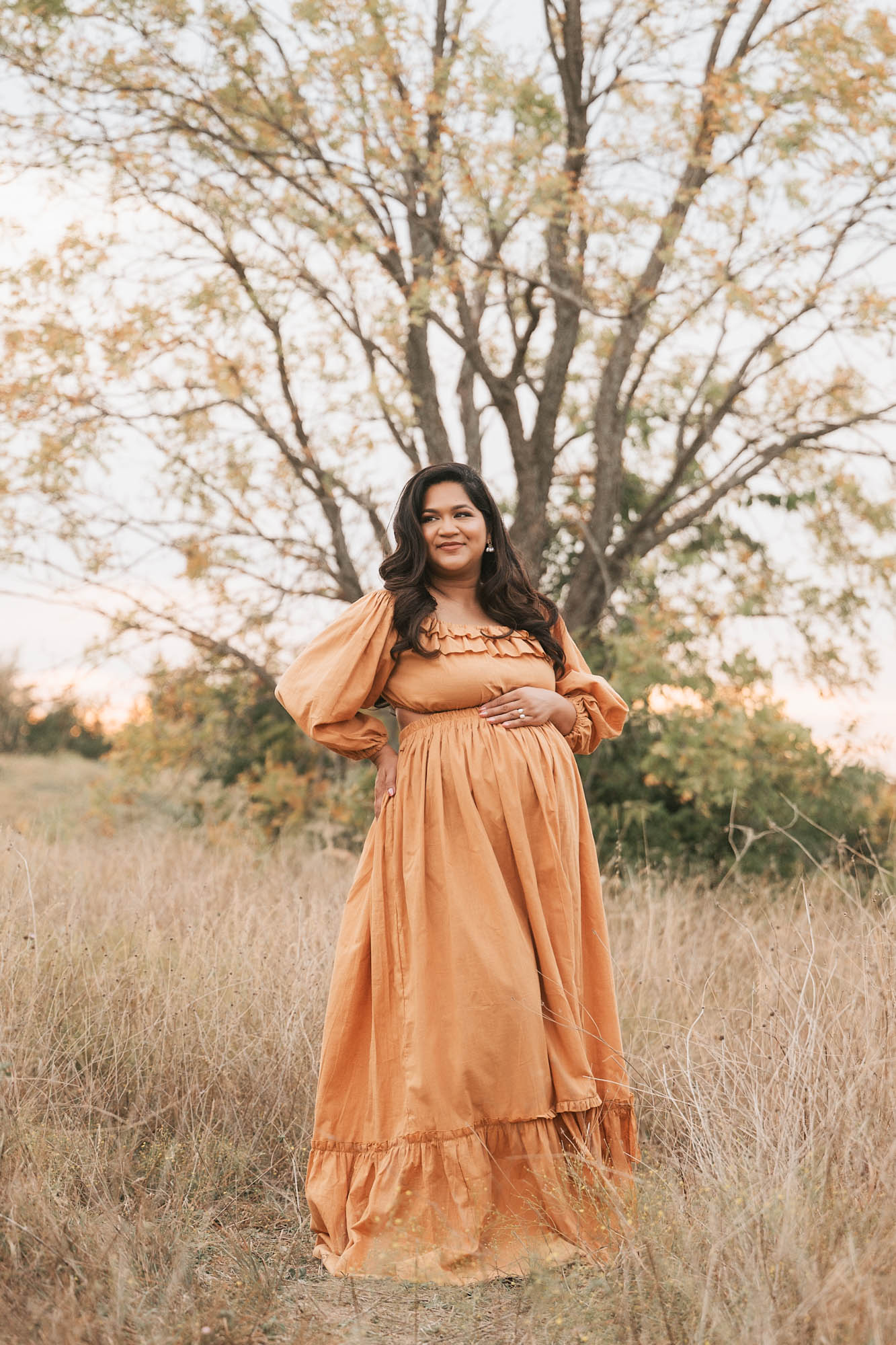 Maternity Portrait Of An Expecting Mother Posing In Front Of A Tree During A Sunset Dallas Maternity Shoot