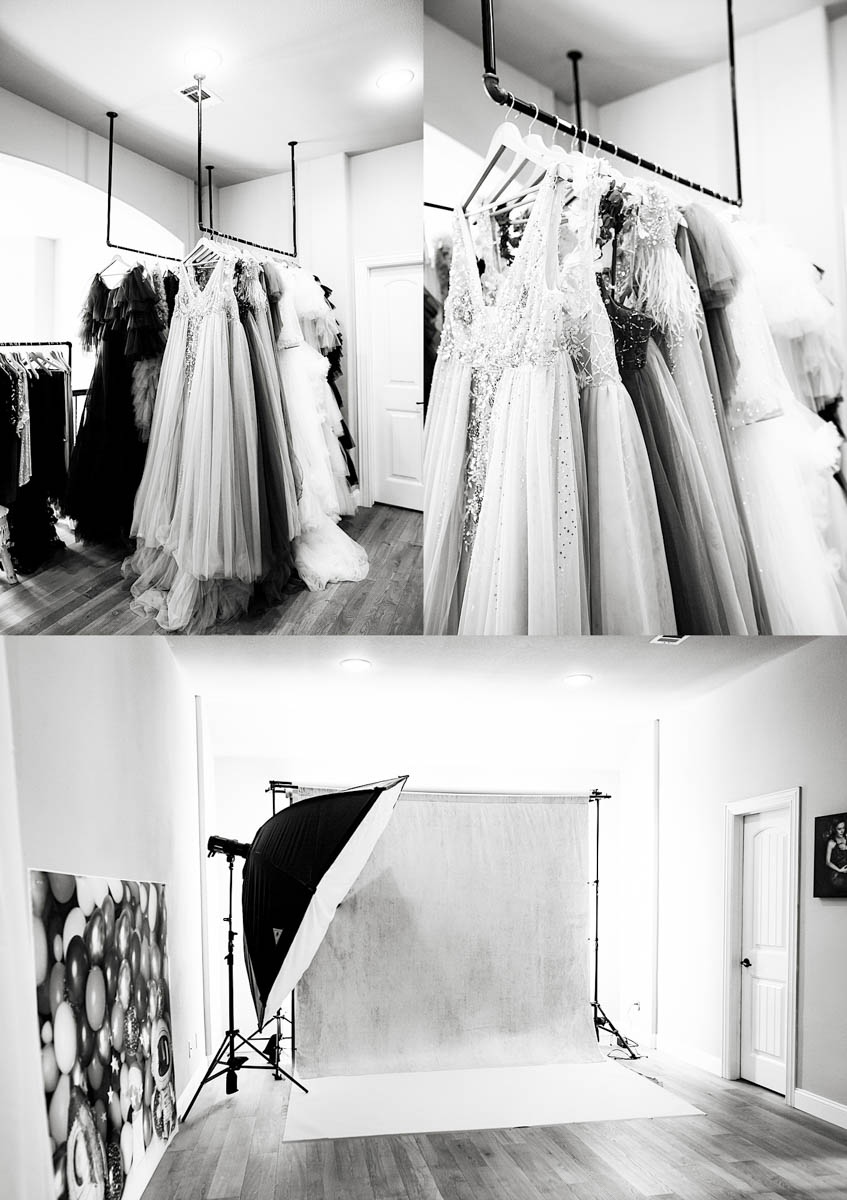 Dallas maternity photography studio with designer gowns and professional lighting setup