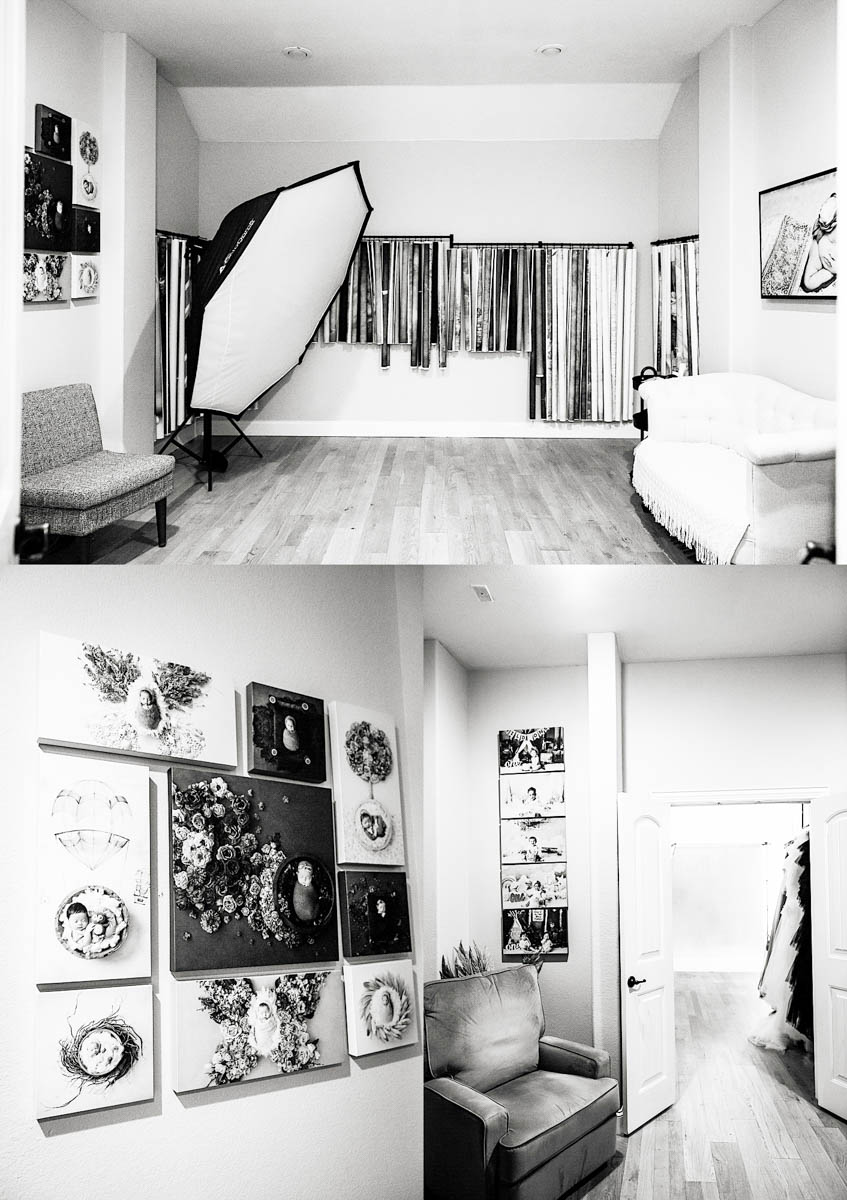 Luxury maternity photography studio interior in Rowlett Texas with styled sets and wall art