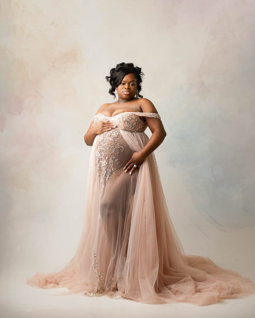 Dallas Maternity Photographer | Studio Maternity Portraits 6 Expecting Mother Wearing A Blush Couture Gown During A Fine Art Maternity Photography Session In Dallas.