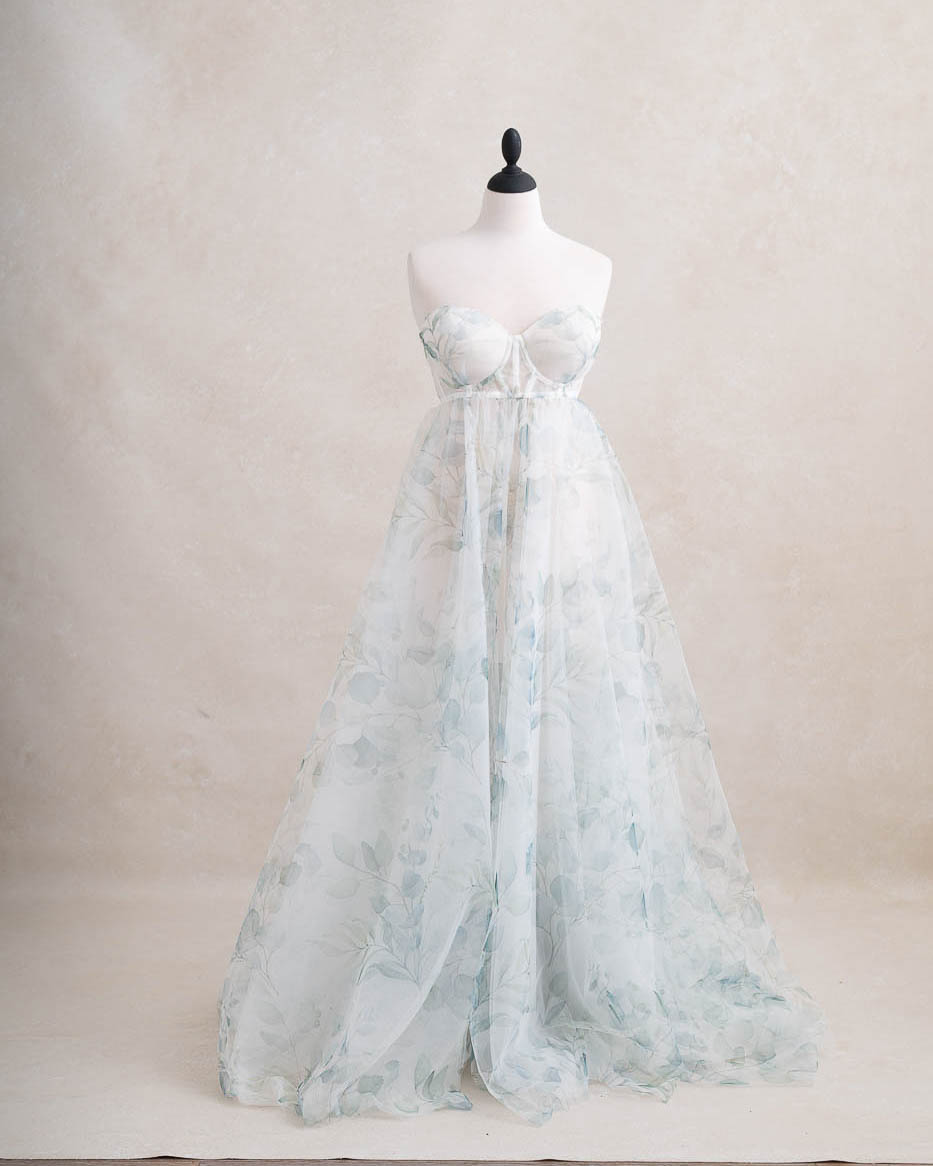 Pale blue floral maternity gown for Dallas maternity photography and studio pregnancy portraits