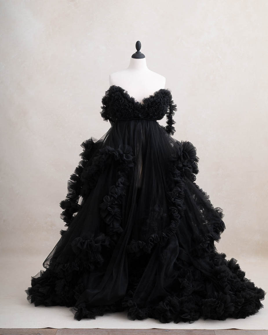 Dramatic black couture maternity gown available with a maternity photographer in Dallas