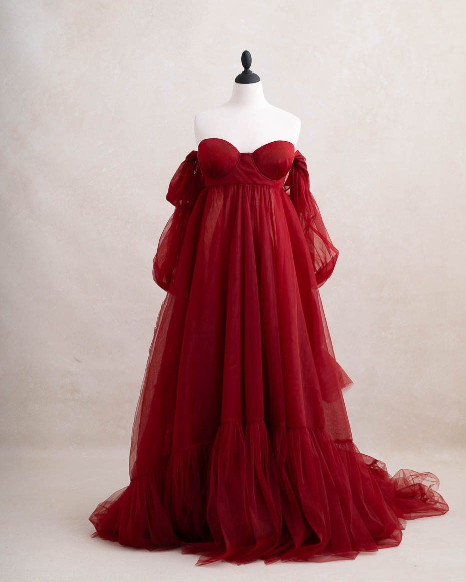 Red maternity gown for maternity photography in Dallas studio sessions