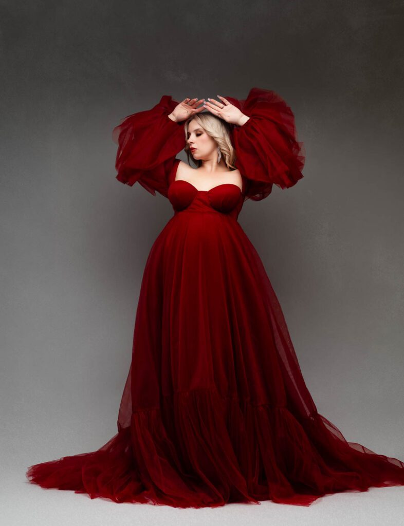 Maternity Photos Dallas Studio Portrait In A Dramatic Red Couture Pregnancy Gown